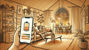 Een gezin dat geniet van een gezellige avond in een modern, energiezuinig huis dat wordt aangedreven door een zonnepanelensysteem en thuisaccu-opslag.