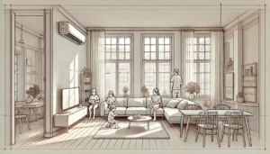 Gezin ontspant in een schone, comfortabele woonkamer met een airconditioner, die de voordelen van airconditioning voor comfort en luchtkwaliteit laat zien.
