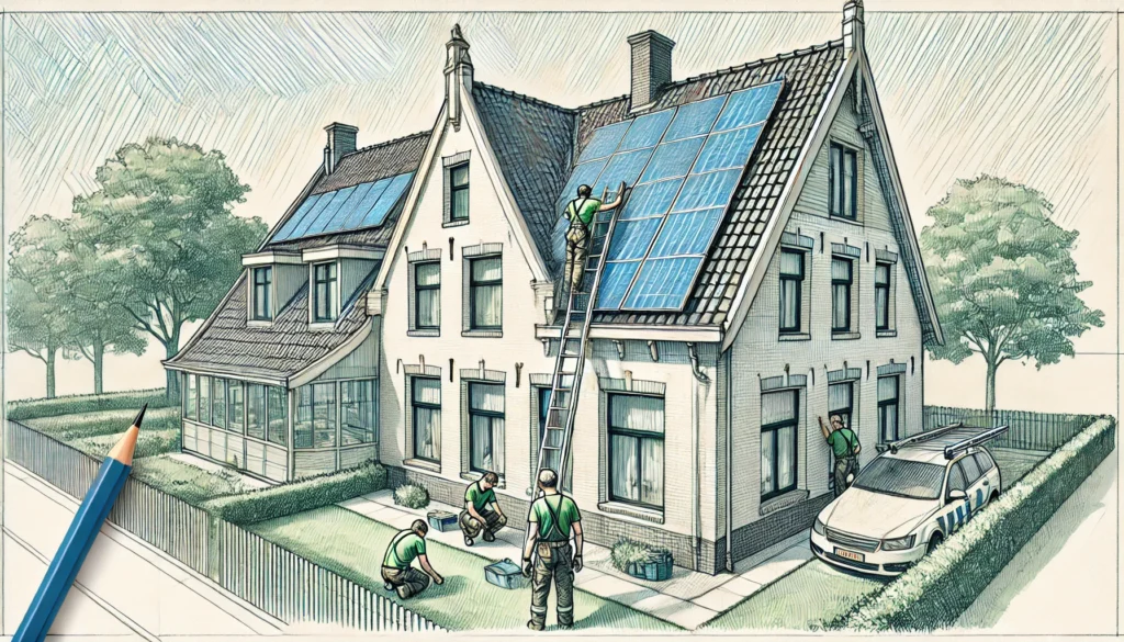 Monteurs installeren zonnepanelen op het dak van een modern huis, omgeven door een zonnige tuin en groen.